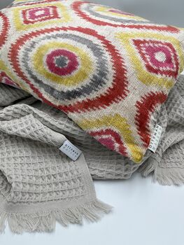 Oblong Ikat Velvet Cushion Coral Circles, 5 of 8