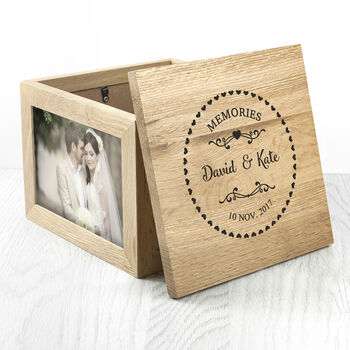 Personalised Couples Heart Frame Oak Photo Keepsake Box, 6 of 6