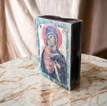 Icon Of Virgin Mary, Religious Symbol, Antique Russian Wood Board, 2 of 6