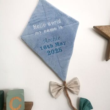 Hello World My Name Is, Hanging Fabric Kite, Pastel Blue Velour Fabric Wall Decor With Four Fabric Bows, Baby Shower Gift, Birth Announcement, 5 of 9