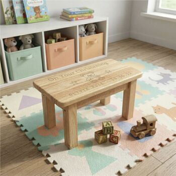 Personalised Child's Stool Rectangle Wooden Christening Engraved Design, 2 of 6