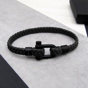 Personalised Men's Shackle And Woven Leather Bracelet, 2 of 6