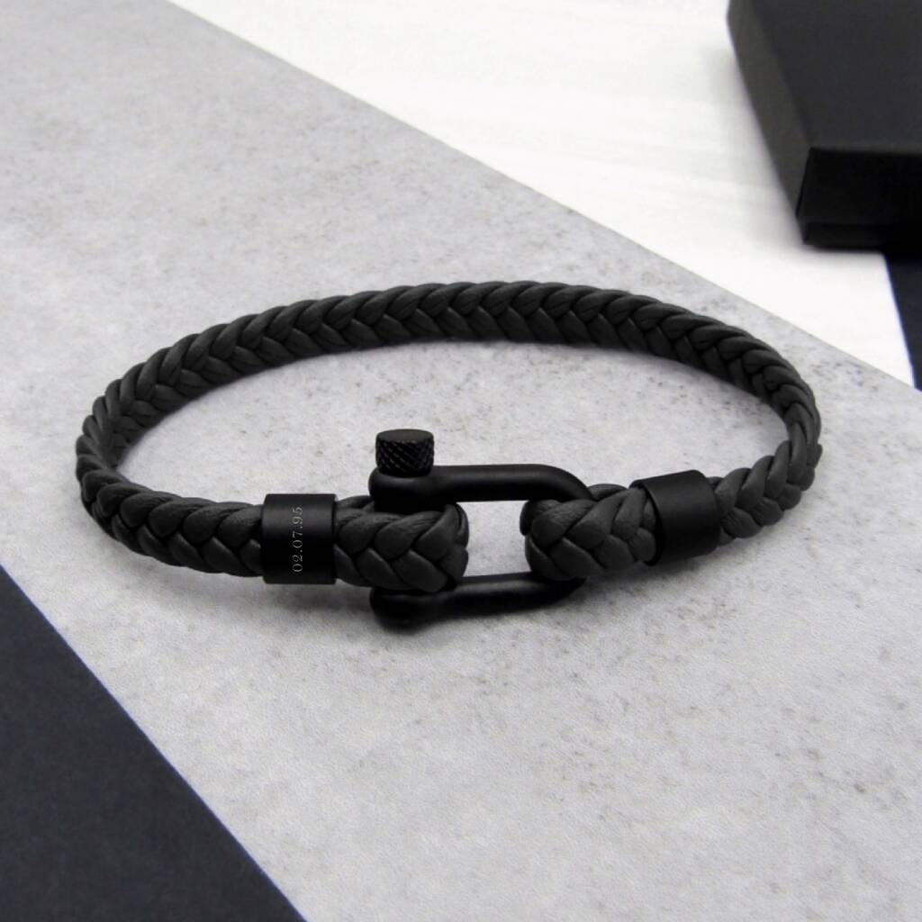 Personalised Men's Shackle And Woven Leather Bracelet By PARKER & CO