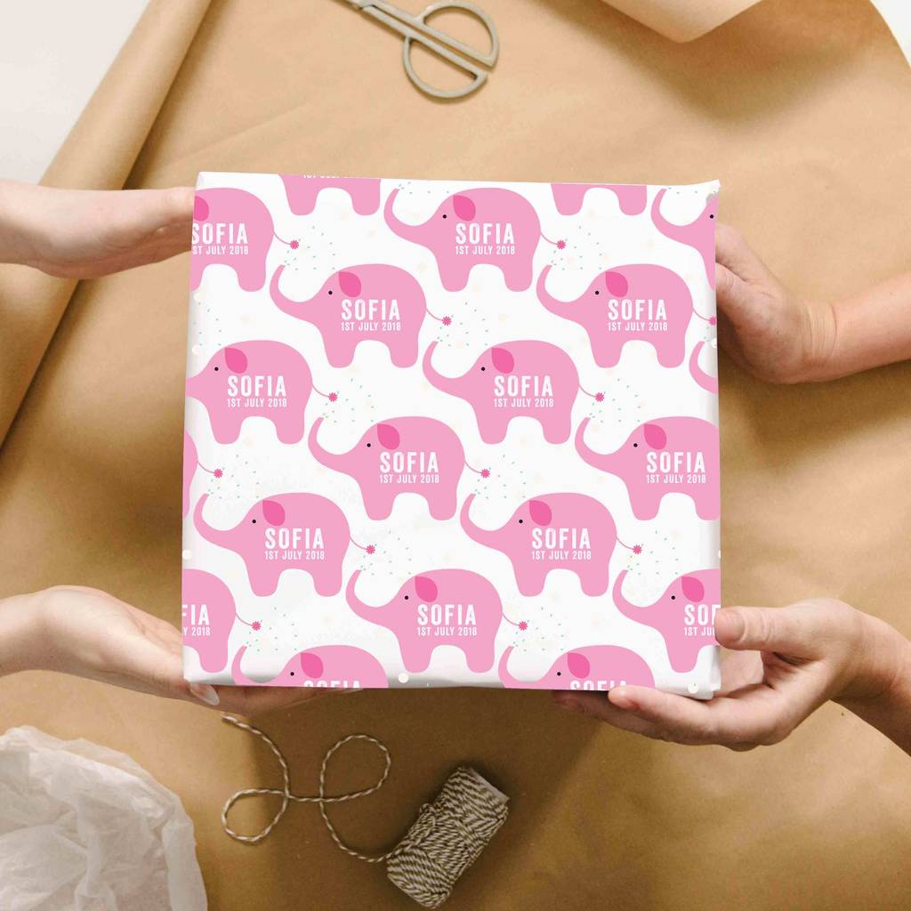 personalised new baby elephant wrapping paper by abigail warner