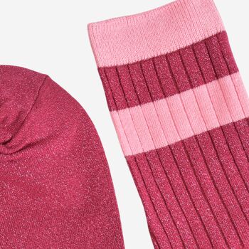 Women's Glitter Socks Berry Pink Stripe Cuff, 4 of 4