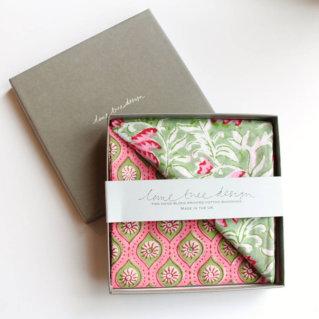 box of two block printed bandanas pink and green by lime tree design