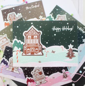 Christmas Glitter Postcard Set, Gingerbread Shops, 6 of 8