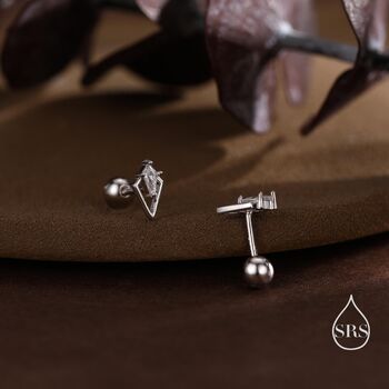 Sterling Silver Art Deco Inspired Tiny Rhombus Cz Screw Back / Internally Threaded Flat Back / Stud Earrings, 5 of 12