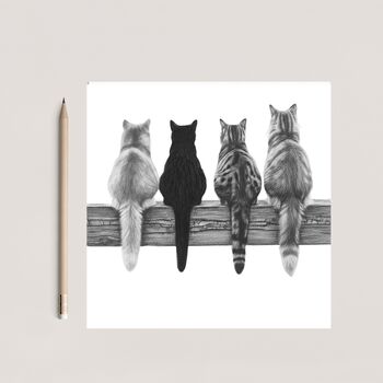 Four Cats On Fence – Hand Drawn Greeting Card Illustration, 3 of 6