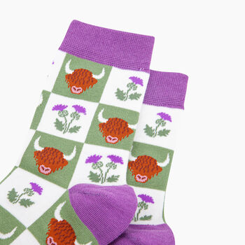 Highland Cow Thistle Checkerboard Bamboo Socks In Green/Purple, 2 of 4