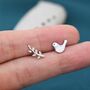 Mismatched Peace Dove Bird Olive Branch Stud Earrings, thumbnail 2 of 9