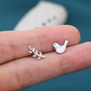 Mismatched Peace Dove Bird Olive Branch Stud Earrings, 2 of 9