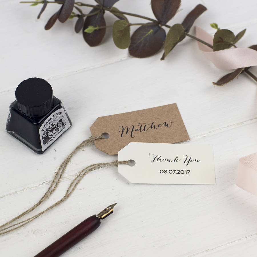 Modern Calligraphy Personalised Wedding Name Tags By Russet and Gray