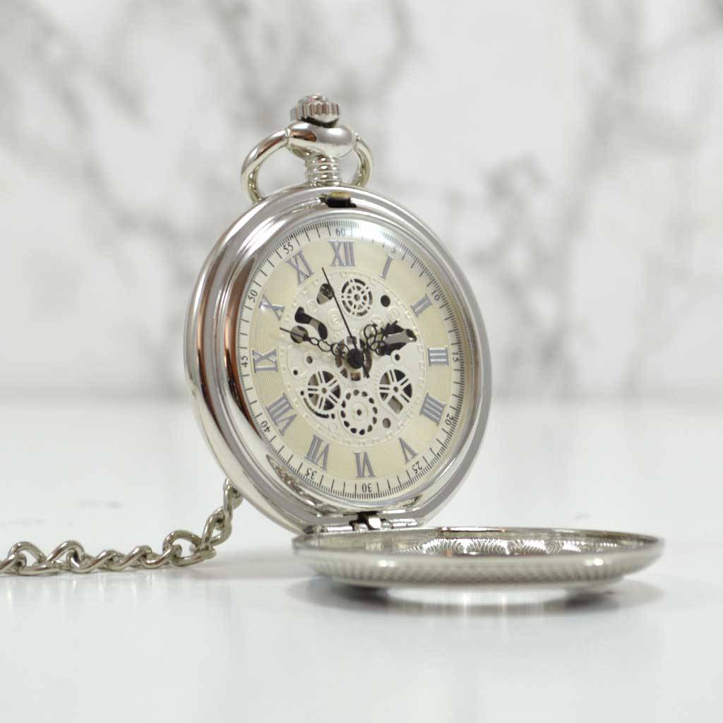 Personalised Pocket Watch Silver Black Numerals By