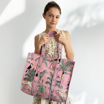 Jungle Print Large Quilted Cotton Tote Bag In Pink, 2 of 7