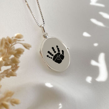 Sterling Silver Engraved Handprint Oval Locket Necklace, 2 of 9