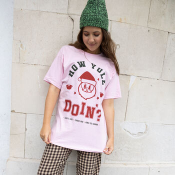 How Yule Doin' Women's Christmas T Shirt In Pink, 4 of 4