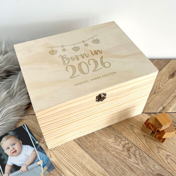 Personalised Born In 2026 Garland Engraved New Baby Keepsake Box Five Sizes 16cm | 20cm | 26cm | 30cm | 36cm, 4 of 10