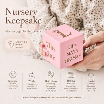 Personalised Birth Flower New Baby Gift Keepsake Block, 3 of 12