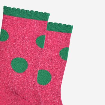 Women's Glitter Socks Hot Pink Green Large Polka Dots, 3 of 5