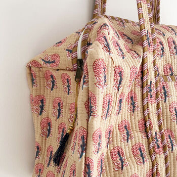 Block Print Flower Cotton Weekend Duffle Bag, 4 of 8