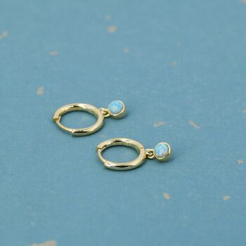Sterling Silver Hoops With Tiny Dangling 3mm Green Opal, 4 of 12