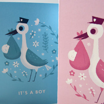 'It's A Boy' Illustrated Stork New Baby Card, 2 of 3