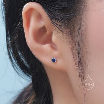Sterling Silver Sapphire Blue Cz Bezel Internally Threaded Flat Back Earrings, 4 of 10