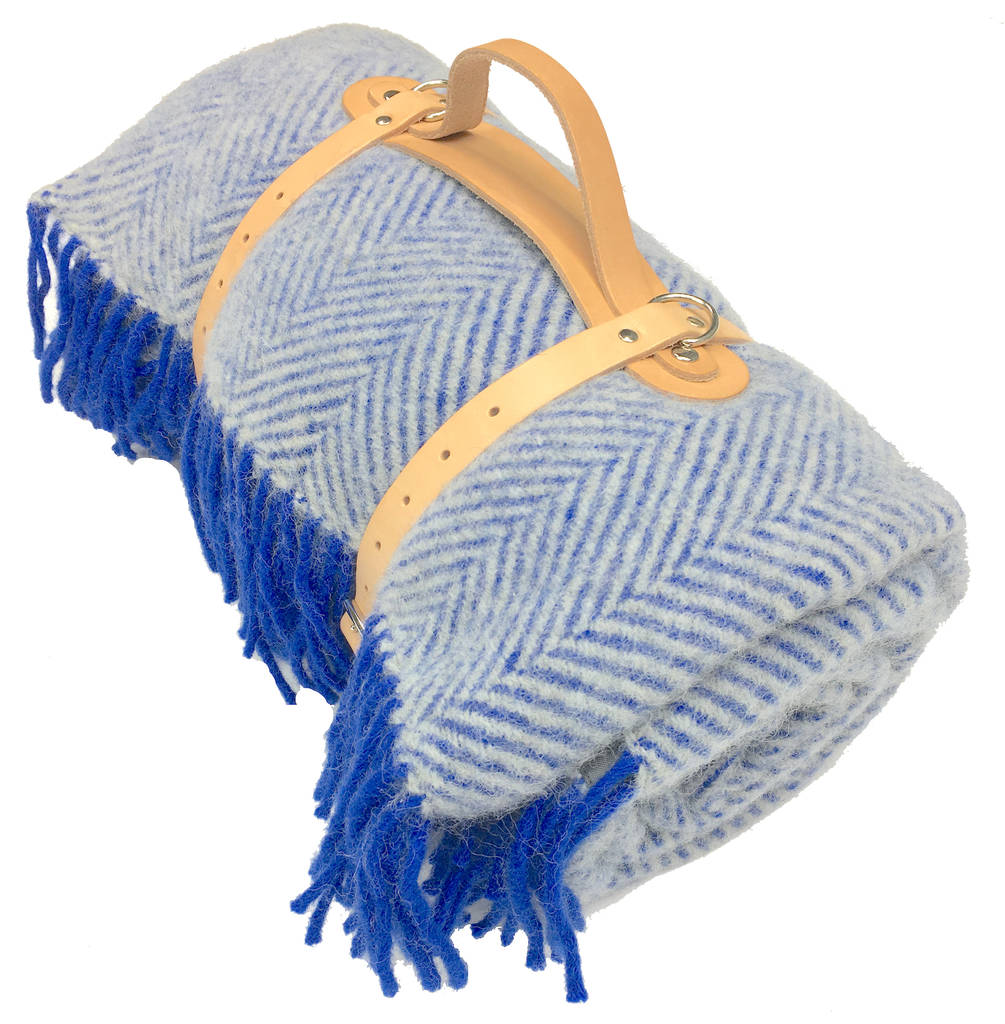 wool picnic blanket leather straps/waterproof backing by atlantic