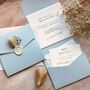 Dusky Blue And White Bunny Tails Wedding Invitation, thumbnail 1 of 7