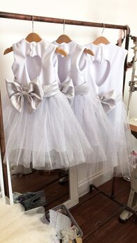White Glitter Tutu Flower Girl Dress With Silver Bow And Heart Back Wedding And Special Occasion Dress For Girls, 5 of 6