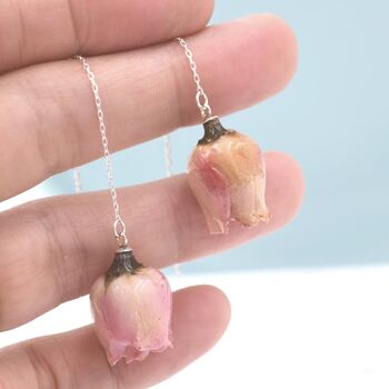 Real Rose Flower Threader Earrings In Sterling Silver, 4 of 10