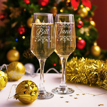 Personalised Christmas Snowflake Champagne Flutes And Gift Boxed Sets, 7 of 9