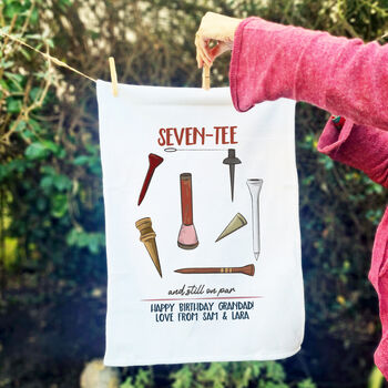 Personalised Seven Tee Tea Towel 70th Birthday Gift For Golfers, 2 of 4