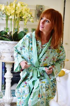 Ladies Mint Green Floral Print Cotton Dressing Gown, 2 of 4