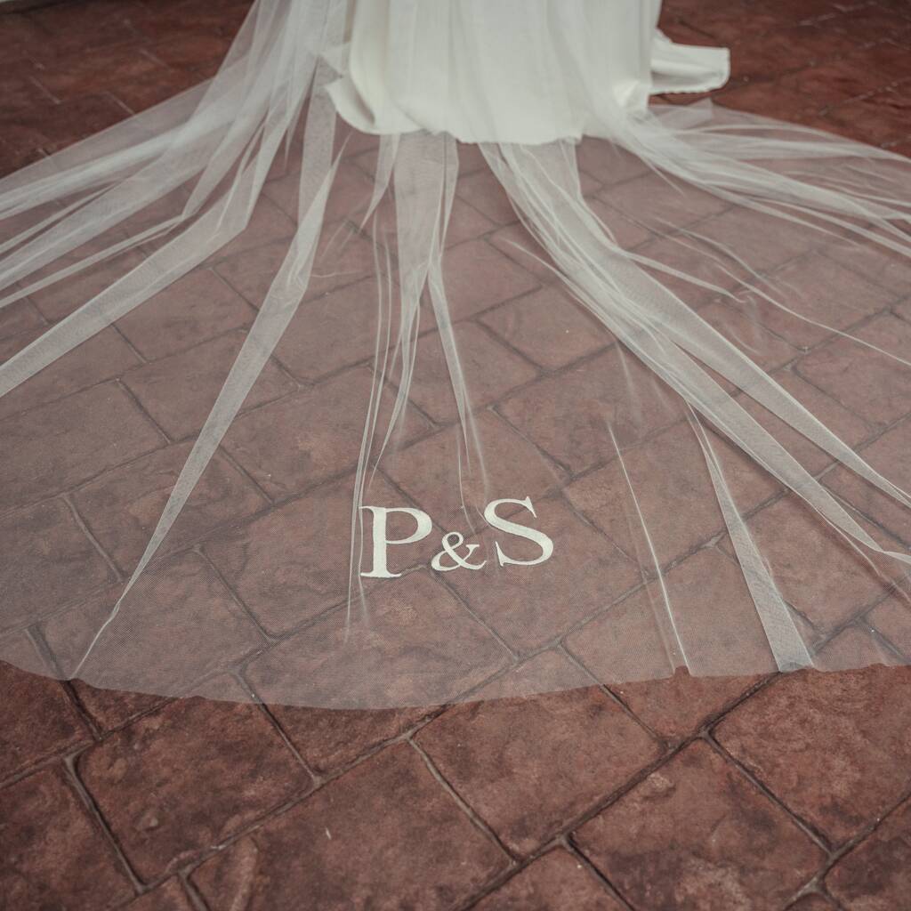 Iris Embroidered Monogrammed Cathedral Wedding Veil, 1 of 3