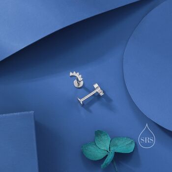 Extra Tiny Curved Bar Cz Internally Flat Back Earrings In Sterling Silver, 3 of 10