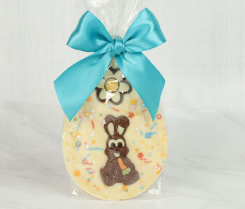 Flat White Chocolate Easter Egg With Milk Chocolate Rabbit And Sprinkles, 2 of 2
