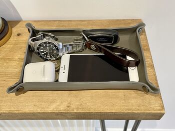 Personalised Rectangle Grey Leather Valet Coin Tray, 8 of 12