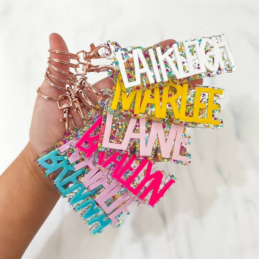 Personalised Acrylic Glitter Key Chains Key Rings Bag Charm, 1 of 9