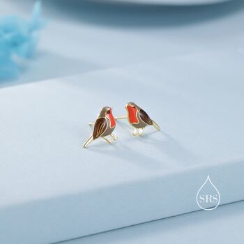 Sterling Silver Hand Painted Enamel Robin Bird Stud Earrings, 2 of 12