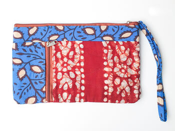 Fair Trade Wristlet Clutch Bag With Strap, Handmade Blue Red Phone Purse Wallet, 2 of 10