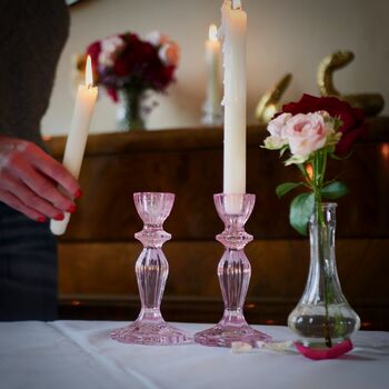 Pair Of Pink Glass Lace Edge Candlesticks, 3 of 11