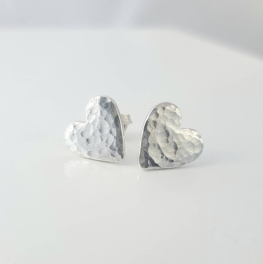 Silver Hammered Heart Stud Earrings By Essentia By Love Lily Rose