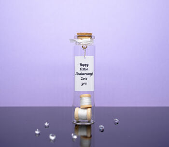 Personalised 2nd Cotton Anniversary Photo Cotton Reels Bottle Gift, 2 of 3