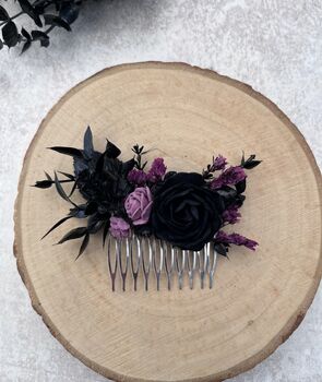 Black And Purple Gothic Wedding Flower Hair Comb, 4 of 5