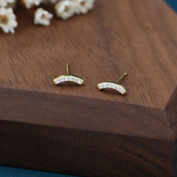 Sterling Silver Cz Tiny Curved Bar Stud Earrings, 5 of 12