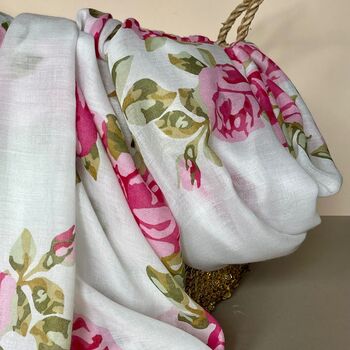 Rose Print Scarf In White And Fuchsia, 2 of 3