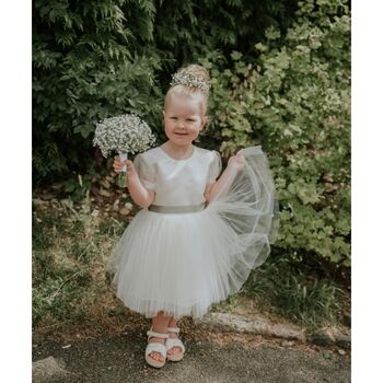 Duchess Satin Tutu Flower Girl Dress With Tulle Puff Sleeves, 3 of 11