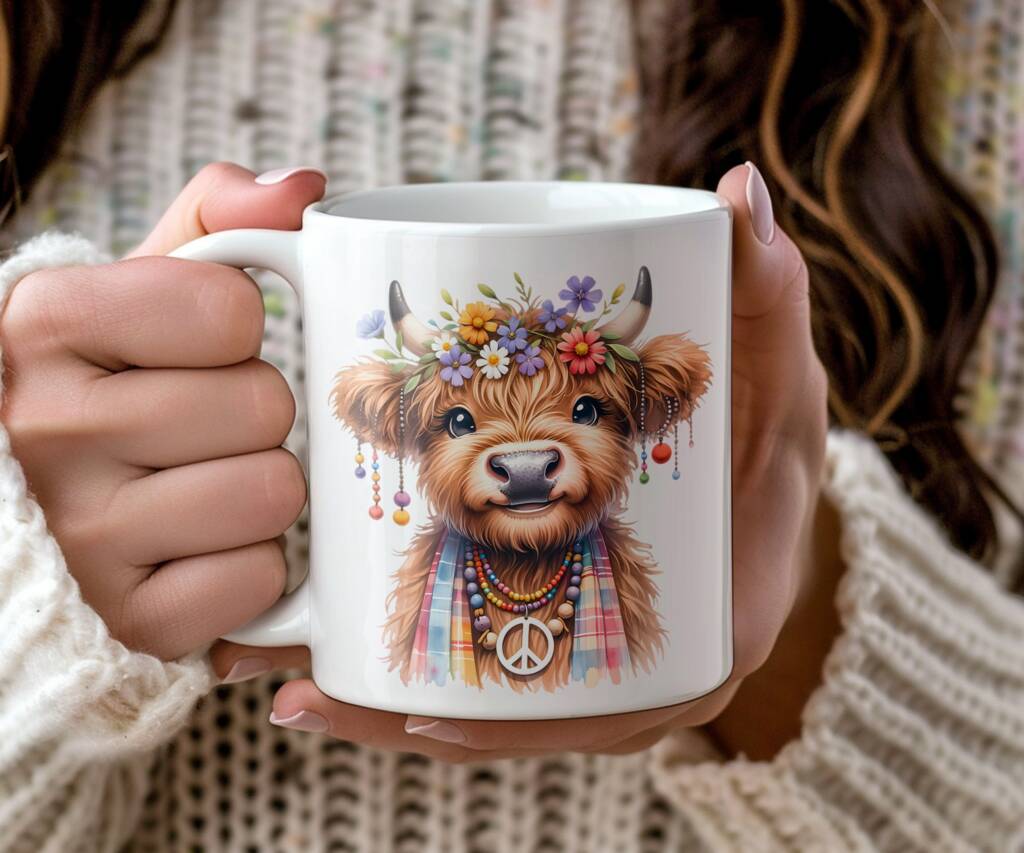 Personalised Hippie Highland Cow Keepsake Gift Mug